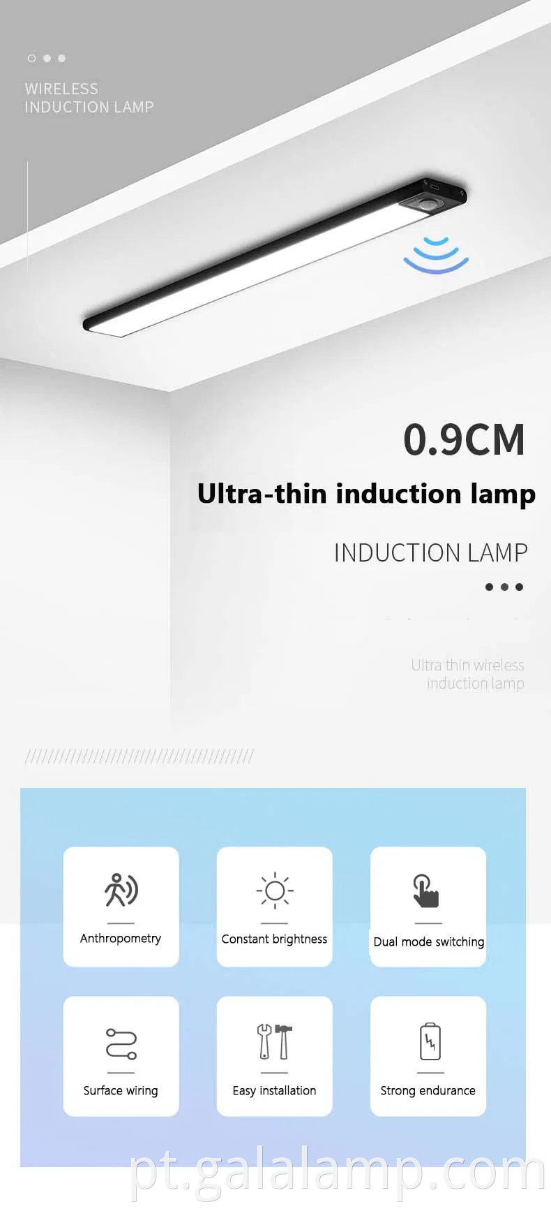 Luz de detecção do corpo humano inteligente e ultra fino, faixa de luz autoadesiva magnética recarregável